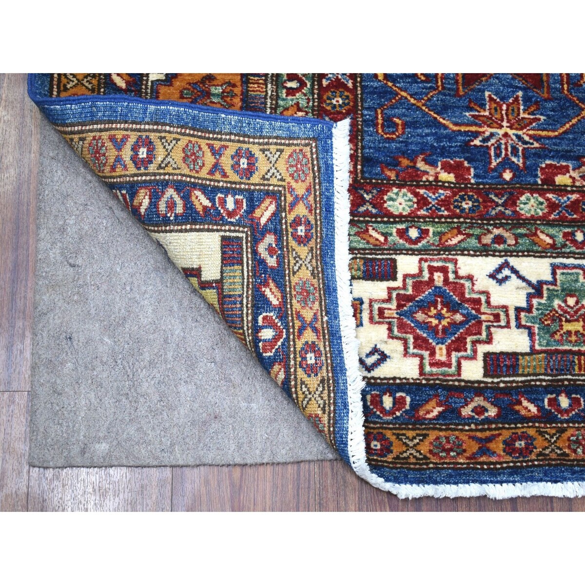 Shahbanu Rugs All New Hand Knotted Super Kazak Blue With Colorful Motifs Shiny Wool Oriental Rug (5'6" x 7'8") - 5'6" x 7'8"