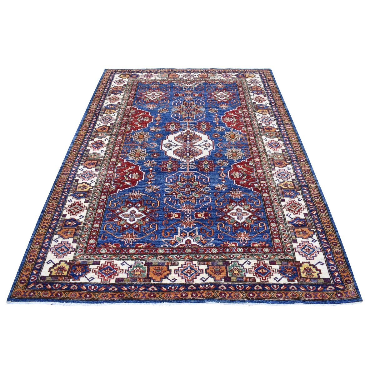 Shahbanu Rugs All New Hand Knotted Super Kazak Blue With Colorful Motifs Shiny Wool Oriental Rug (5'6" x 7'8") - 5'6" x 7'8"