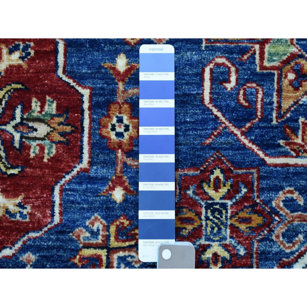 Shahbanu Rugs All New Hand Knotted Super Kazak Blue With Colorful Motifs Shiny Wool Oriental Rug (5'6" x 7'8") - 5'6" x 7'8"