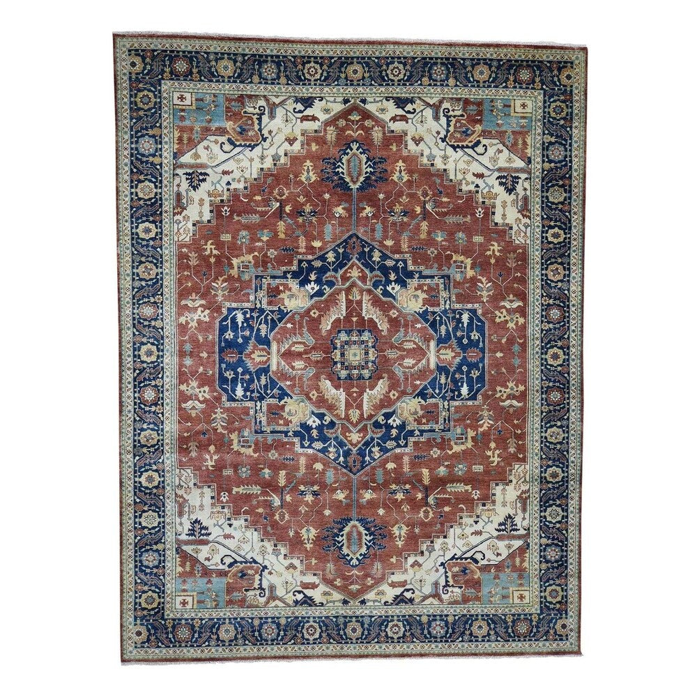 Shahbanu Rugs Antiqued Heriz Re-creation Pure Wool Hand Knotted Oriental Rug (9'1" x 12'0") - 9'1" x 12'0"