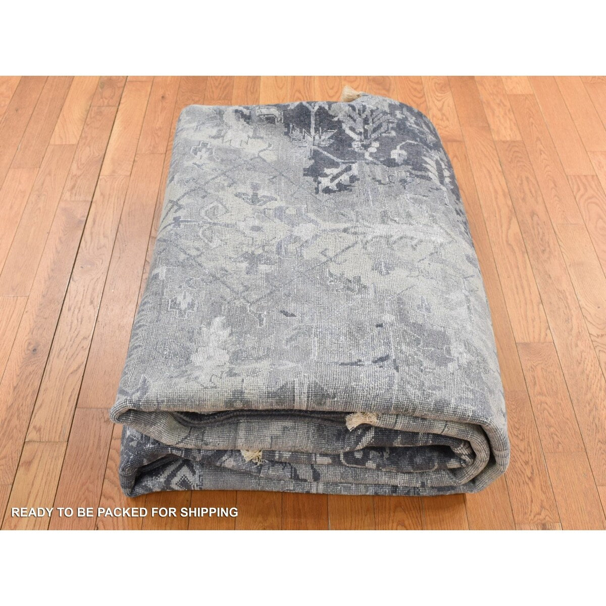 Shahbanu Rugs Arsenic Gray, Wool And Silk, Broken and Erased All Over Heriz Design, Hand Knotted, Oriental Rug (9'0" x 11'10")