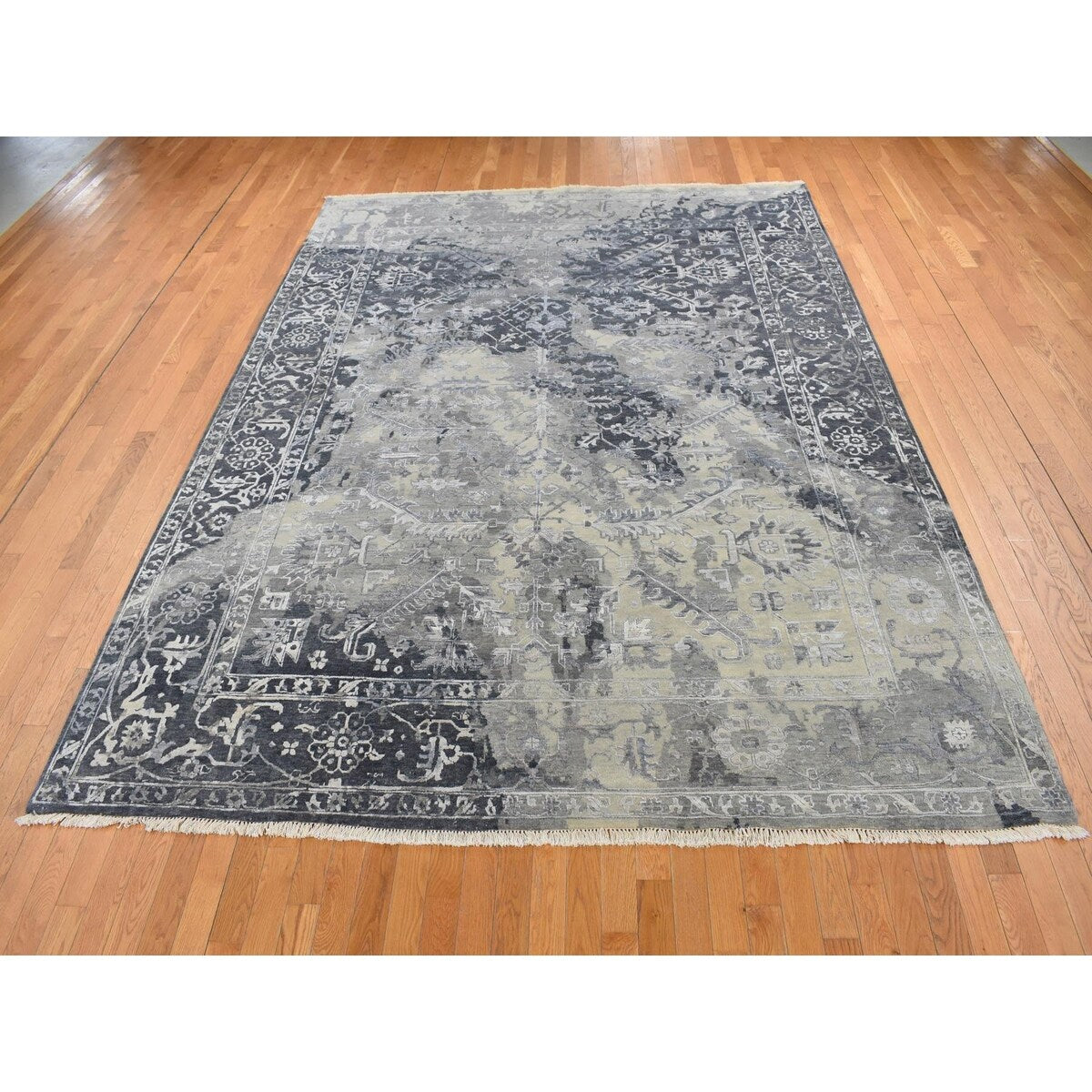 Shahbanu Rugs Arsenic Gray, Wool And Silk, Broken and Erased All Over Heriz Design, Hand Knotted, Oriental Rug (9'0" x 11'10")