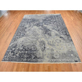Shahbanu Rugs Arsenic Gray, Wool And Silk, Broken and Erased All Over Heriz Design, Hand Knotted, Oriental Rug (9'0" x 11'10")