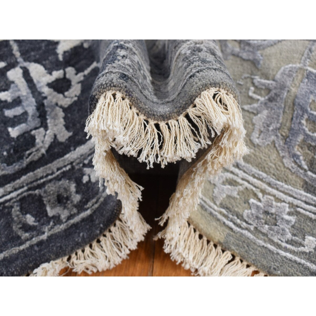 Shahbanu Rugs Arsenic Gray, Wool And Silk, Broken and Erased All Over Heriz Design, Hand Knotted, Oriental Rug (9'0" x 11'10")