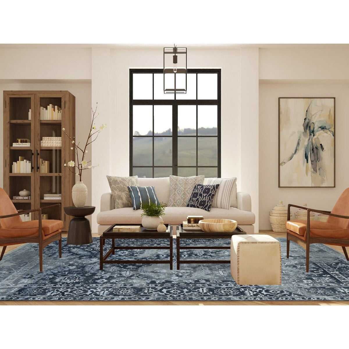 Shahbanu Rugs Arsenic Gray, Wool And Silk, Broken and Erased All Over Heriz Design, Hand Knotted, Oriental Rug (9'0" x 11'10")