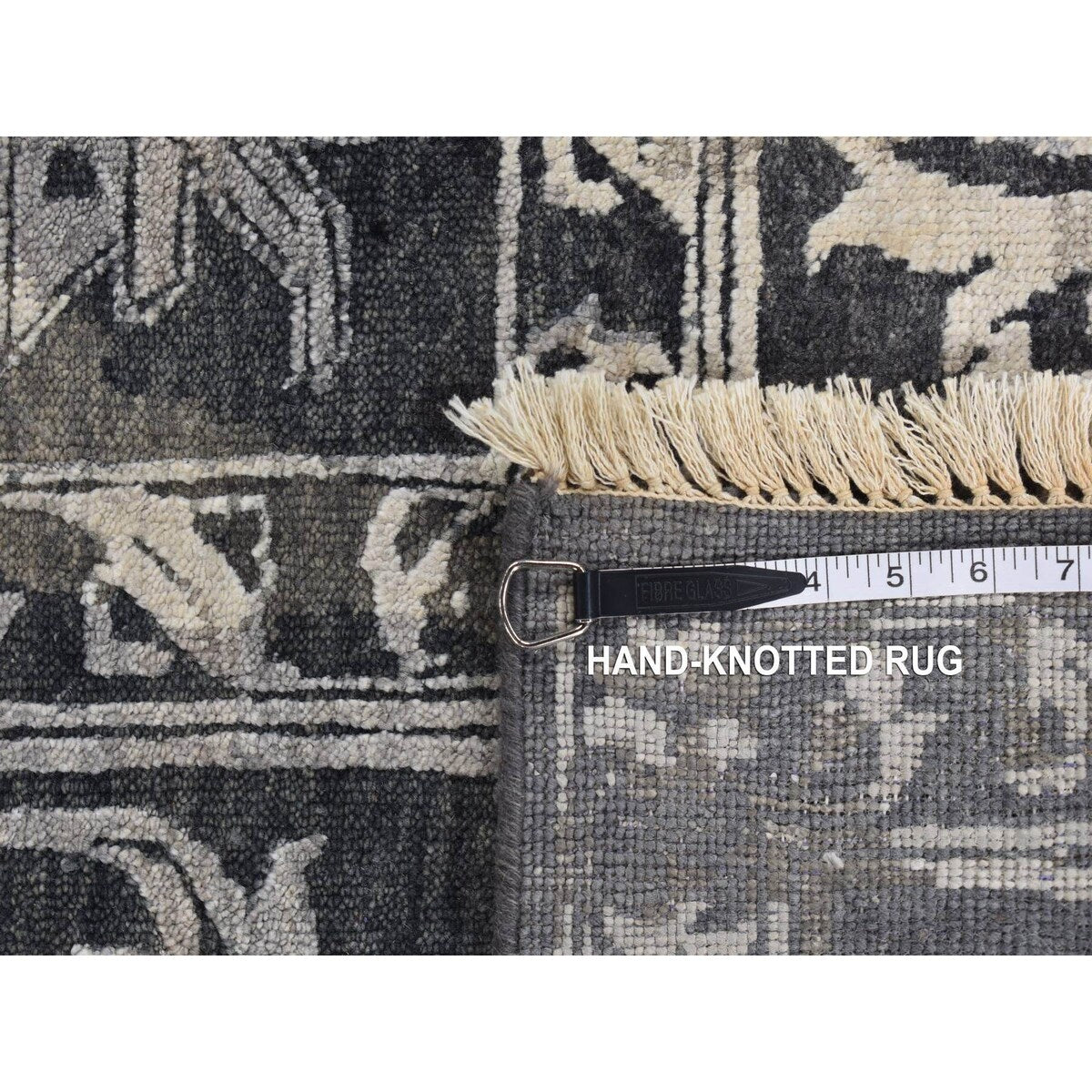Shahbanu Rugs Arsenic Gray, Wool And Silk, Broken and Erased All Over Heriz Design, Hand Knotted, Oriental Rug (9'0" x 11'10")