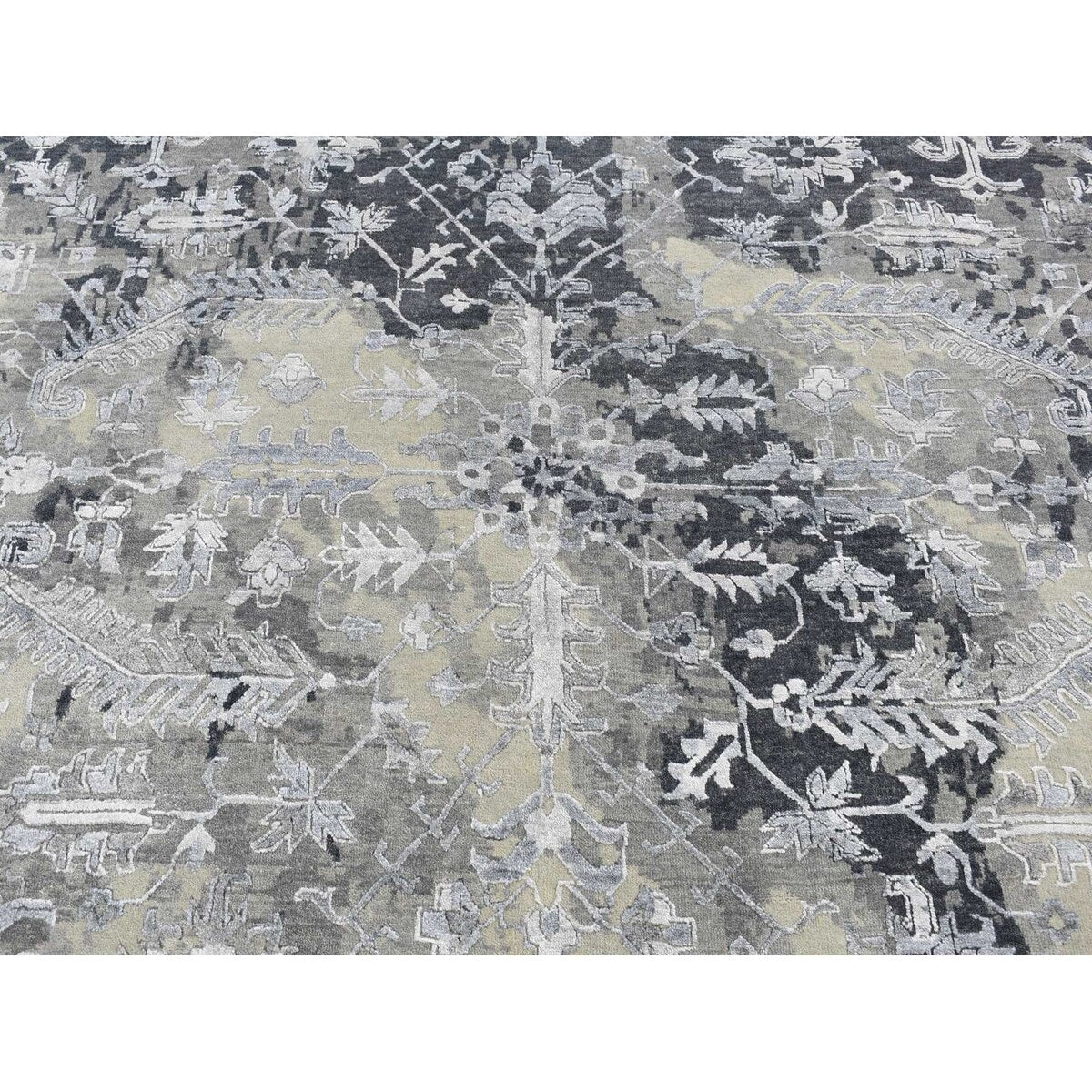 Shahbanu Rugs Arsenic Gray, Wool And Silk, Broken and Erased All Over Heriz Design, Hand Knotted, Oriental Rug (9'0" x 11'10")