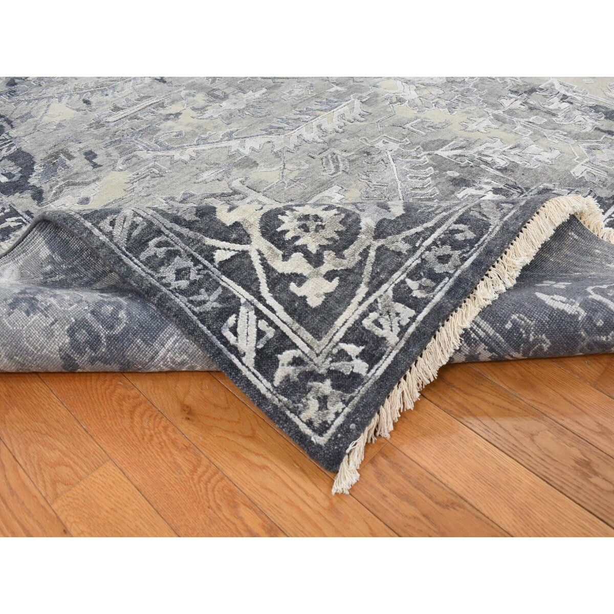 Shahbanu Rugs Arsenic Gray, Wool And Silk, Broken and Erased All Over Heriz Design, Hand Knotted, Oriental Rug (9'0" x 11'10")