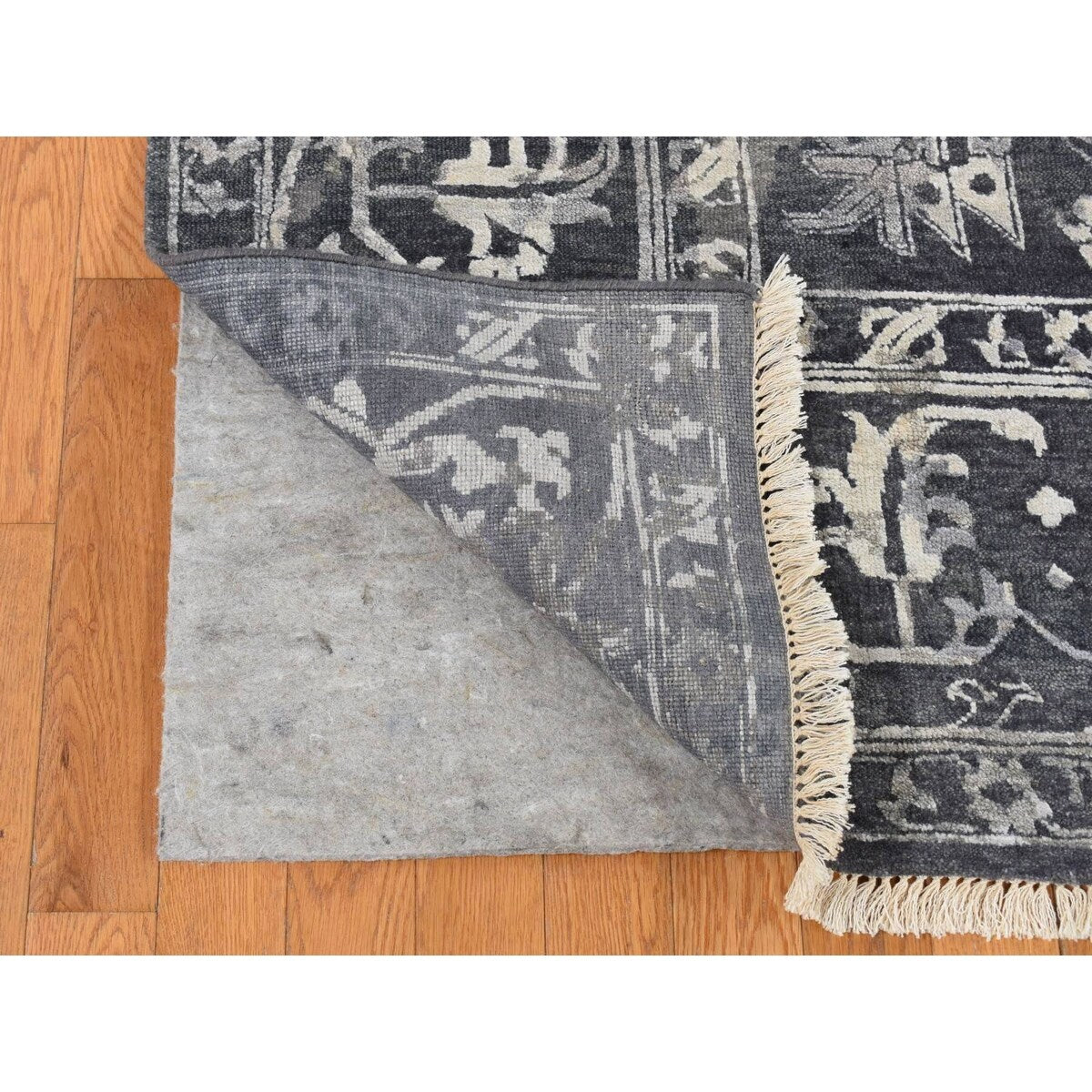 Shahbanu Rugs Arsenic Gray, Wool And Silk, Broken and Erased All Over Heriz Design, Hand Knotted, Oriental Rug (9'0" x 11'10")