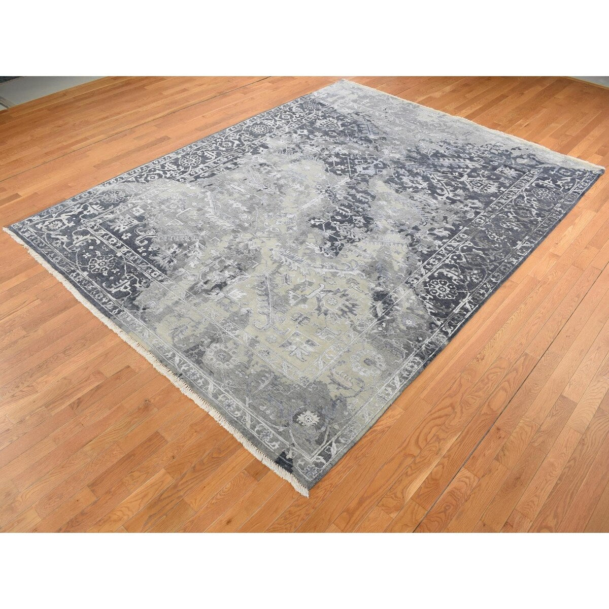 Shahbanu Rugs Arsenic Gray, Wool And Silk, Broken and Erased All Over Heriz Design, Hand Knotted, Oriental Rug (9'0" x 11'10")