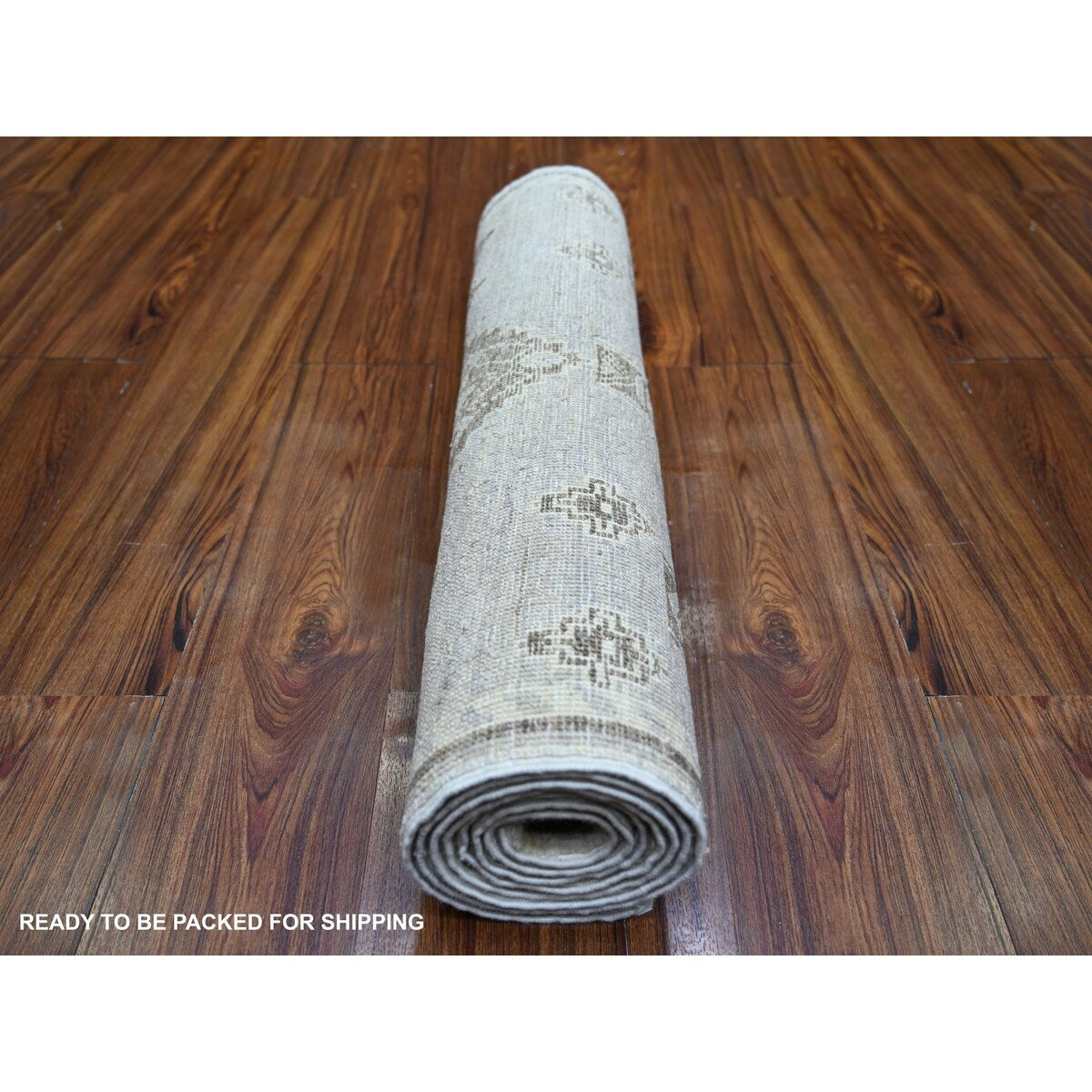Shahbanu Rugs Ash Gray Pure Wool Hand Knotted Fine Peshawar with Intricate Geometric Motifs Natural Dyes Runner Rug (2'7"x7'9")