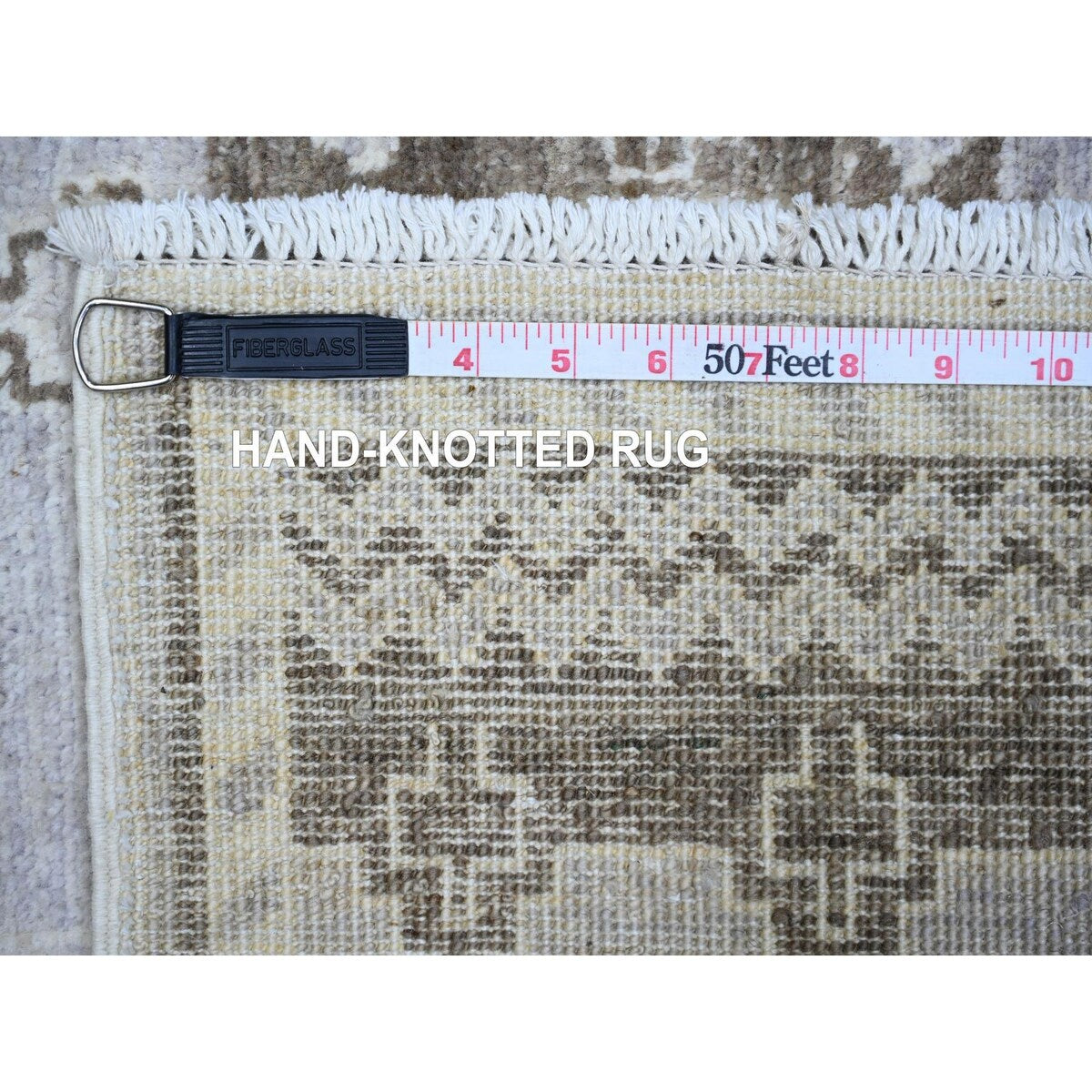 Shahbanu Rugs Ash Gray Pure Wool Hand Knotted Fine Peshawar with Intricate Geometric Motifs Natural Dyes Runner Rug (2'7"x7'9")