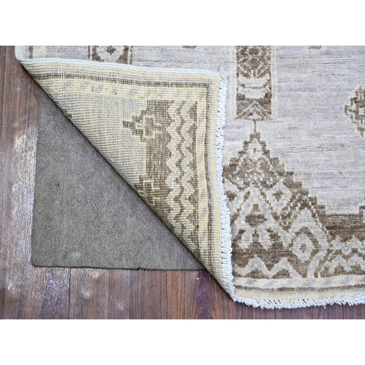 Shahbanu Rugs Ash Gray Pure Wool Hand Knotted Fine Peshawar with Intricate Geometric Motifs Natural Dyes Runner Rug (2'7"x7'9")