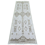 Shahbanu Rugs Ash Gray Pure Wool Hand Knotted Fine Peshawar with Intricate Geometric Motifs Natural Dyes Runner Rug (2'7"x7'9")