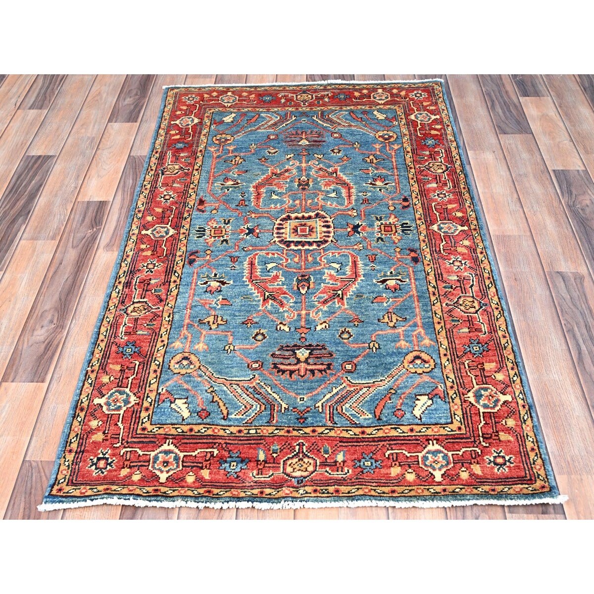 Shahbanu Rugs Baby Blue Natural Wool Hand Knotted Afghan Peshawar with Serapi Heriz Design Dense Weave Rug (2'10" x 4'9")