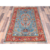 Shahbanu Rugs Baby Blue Natural Wool Hand Knotted Afghan Peshawar with Serapi Heriz Design Dense Weave Rug (2'10" x 4'9")