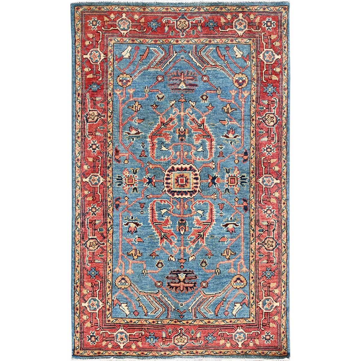 Shahbanu Rugs Baby Blue Natural Wool Hand Knotted Afghan Peshawar with Serapi Heriz Design Dense Weave Rug (2'10" x 4'9")