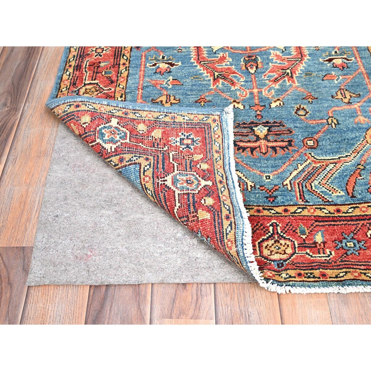 Shahbanu Rugs Baby Blue Natural Wool Hand Knotted Afghan Peshawar with Serapi Heriz Design Dense Weave Rug (2'10" x 4'9")