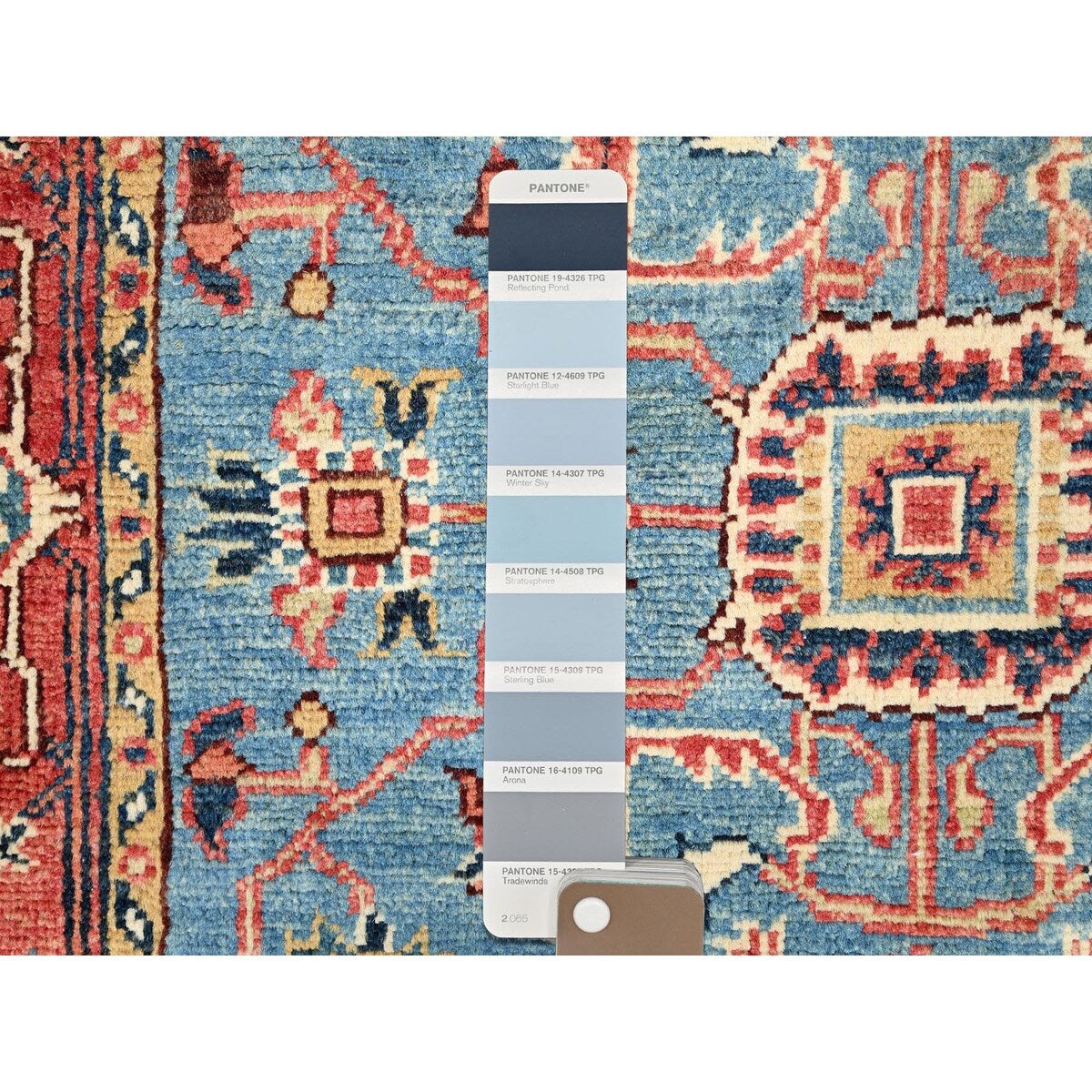 Shahbanu Rugs Baby Blue Natural Wool Hand Knotted Afghan Peshawar with Serapi Heriz Design Dense Weave Rug (2'10" x 4'9")