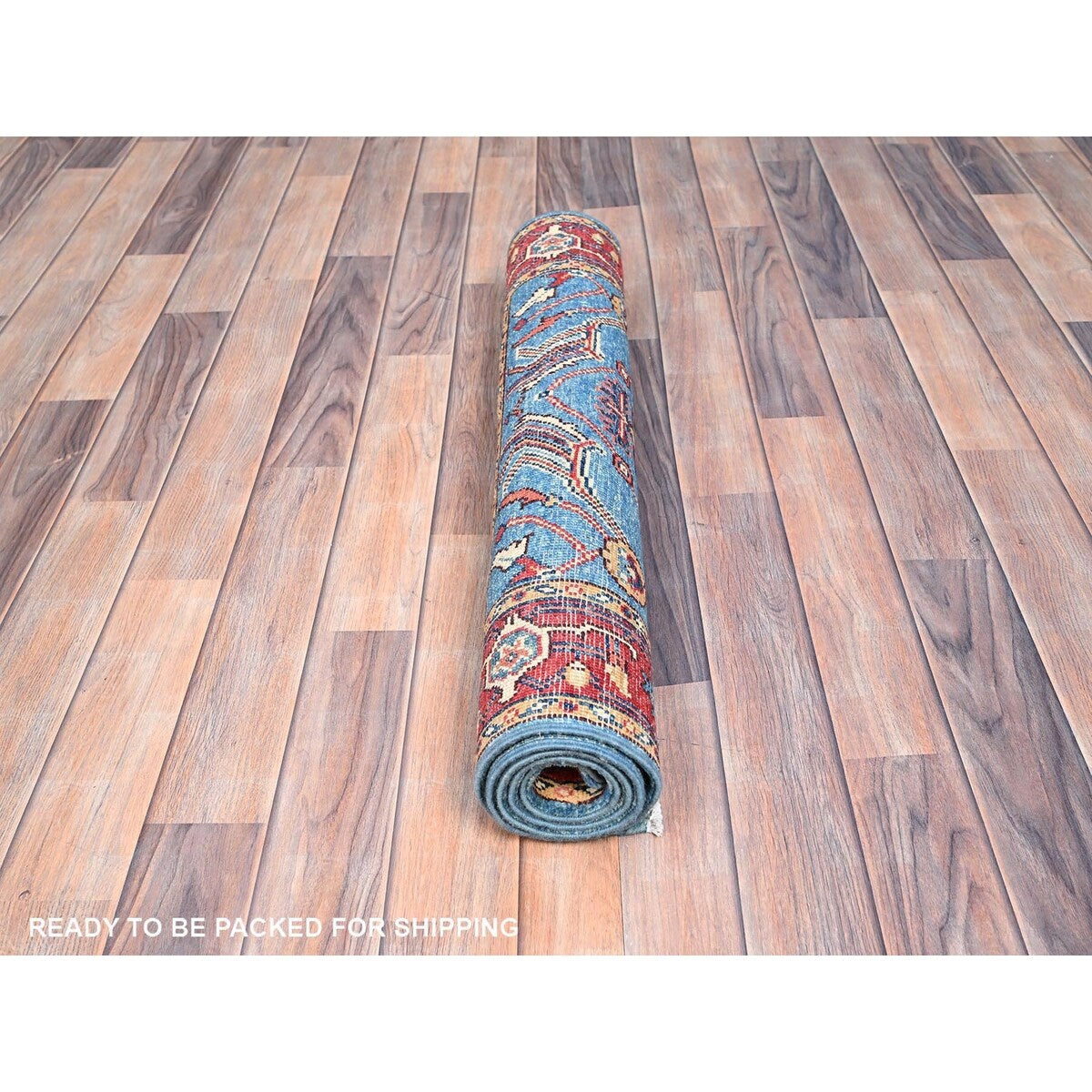 Shahbanu Rugs Baby Blue Natural Wool Hand Knotted Afghan Peshawar with Serapi Heriz Design Dense Weave Rug (2'10" x 4'9")