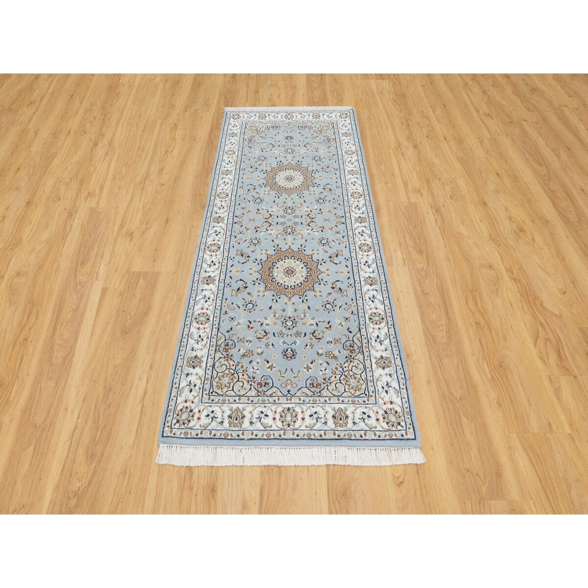 Shahbanu Rugs Beau Blue Nain with Large Center Medallion 250 KPSI Hand Knotted Wool and Silk Runner Oriental Rug (2'8"x6'6")