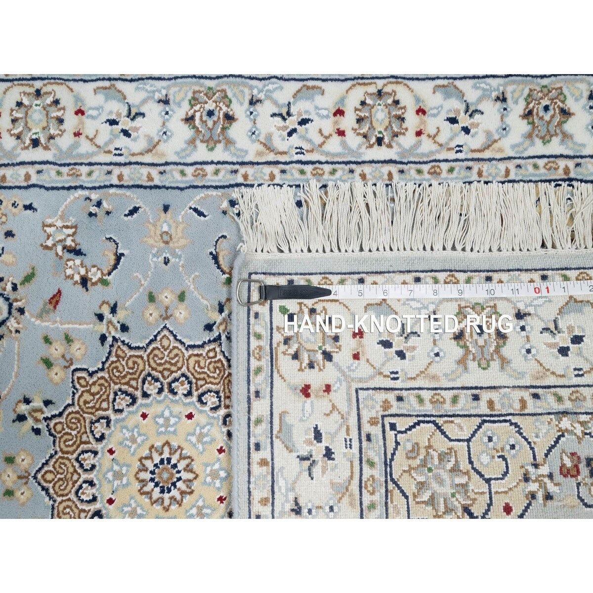 Shahbanu Rugs Beau Blue Nain with Large Center Medallion 250 KPSI Hand Knotted Wool and Silk Runner Oriental Rug (2'8"x6'6")