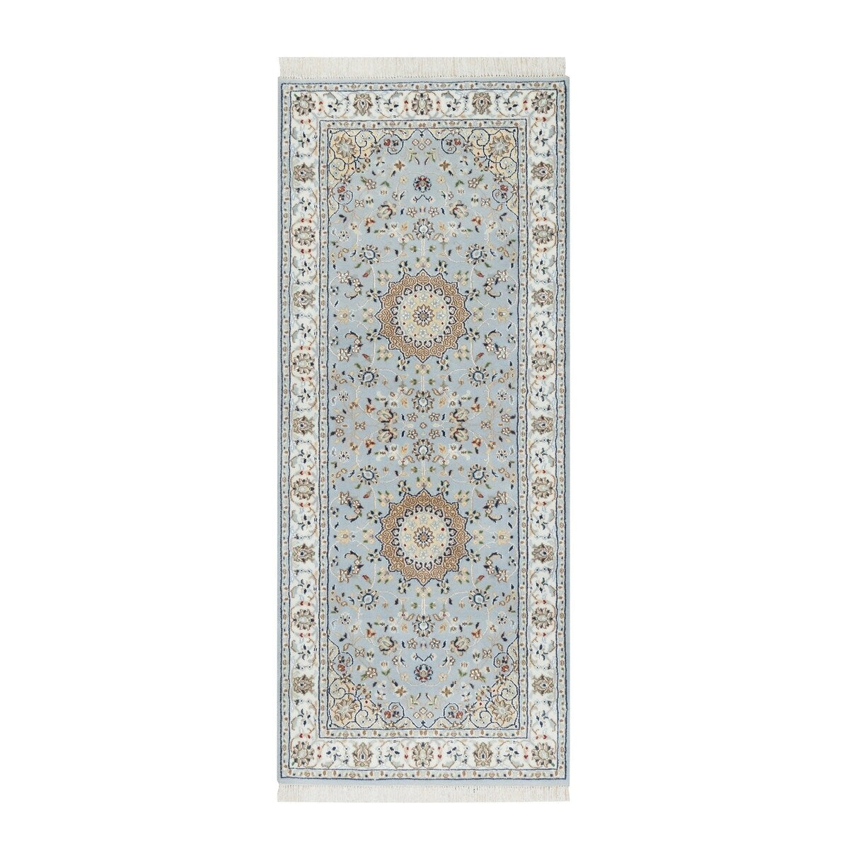 Shahbanu Rugs Beau Blue Nain with Large Center Medallion 250 KPSI Hand Knotted Wool and Silk Runner Oriental Rug (2'8"x6'6")