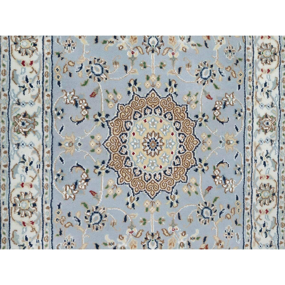 Shahbanu Rugs Beau Blue Nain with Large Center Medallion 250 KPSI Hand Knotted Wool and Silk Runner Oriental Rug (2'8"x6'6")