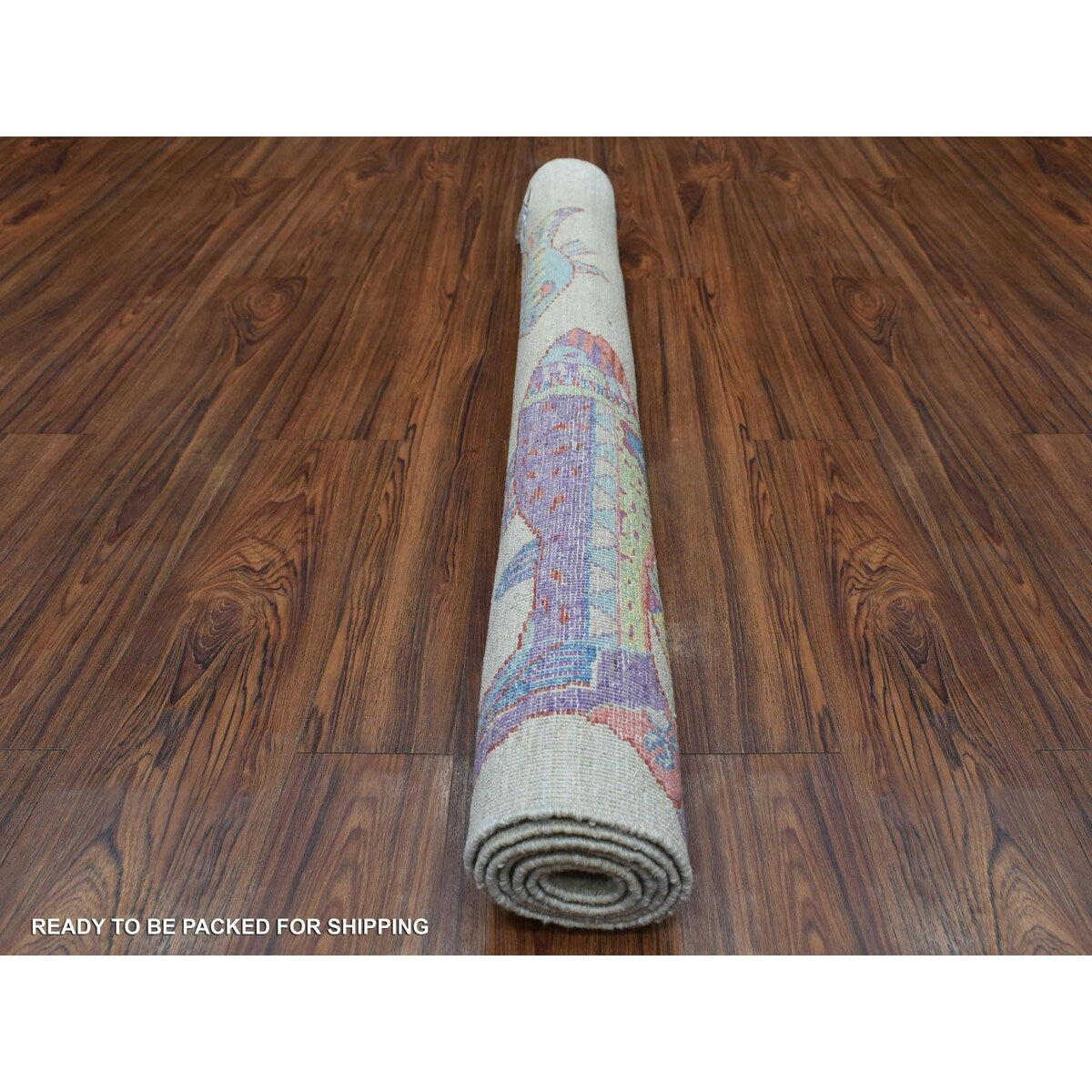 Shahbanu Rugs Beige Oceanic Fish Design with Bold Color Soft Wool Hand Knotted Oriental Rug (4'0" x 5'10") - 4'0" x 5'10"