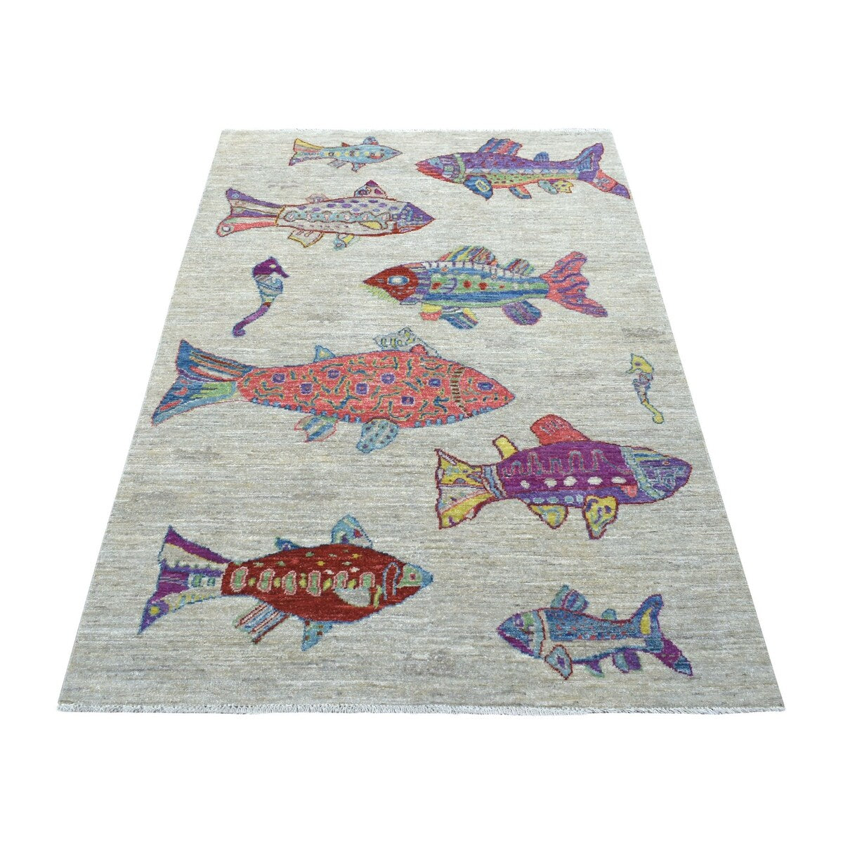 Shahbanu Rugs Beige Oceanic Fish Design with Bold Color Soft Wool Hand Knotted Oriental Rug (4'0" x 5'10") - 4'0" x 5'10"