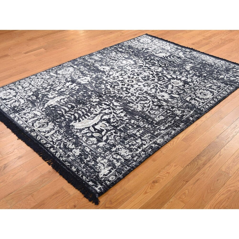 Shahbanu Rugs Black Modern Broken Design Art Silk Hand-Knotted Oriental Rug (5'1" x 7'2") - 5'1" x 7'2"