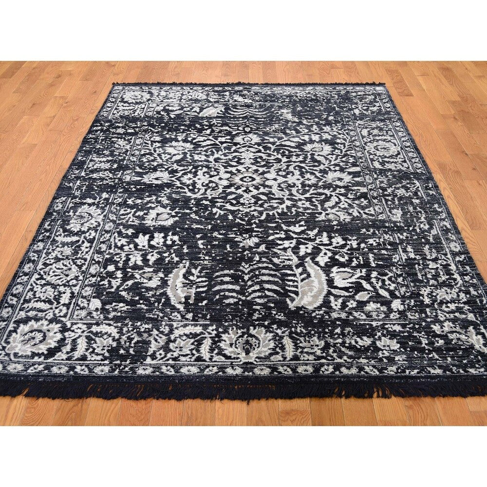 Shahbanu Rugs Black Modern Broken Design Art Silk Hand-Knotted Oriental Rug (5'1" x 7'2") - 5'1" x 7'2"