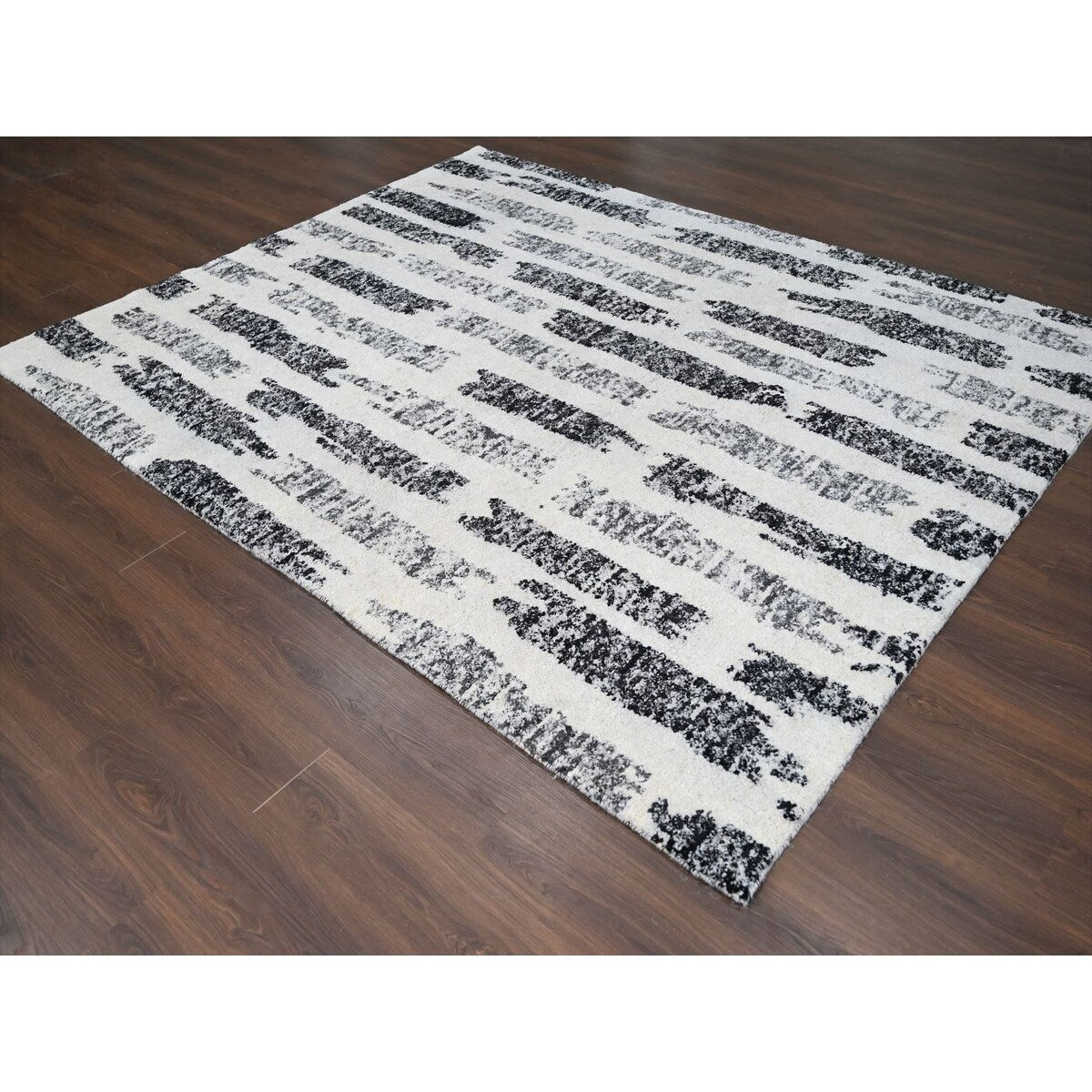 Shahbanu Rugs Black and Ivory, Modern Erased Column Design, Thick and Plush, Undyed Wool, Hand Knotted, Oriental Rug (8'1"x9'9")