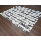 Shahbanu Rugs Black and Ivory, Modern Erased Column Design, Thick and Plush, Undyed Wool, Hand Knotted, Oriental Rug (8'1"x9'9")