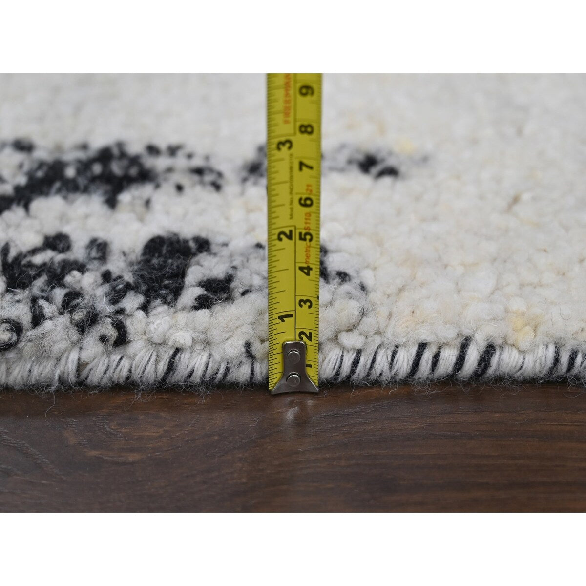 Shahbanu Rugs Black and Ivory, Modern Erased Column Design, Thick and Plush, Undyed Wool, Hand Knotted, Oriental Rug (8'1"x9'9")