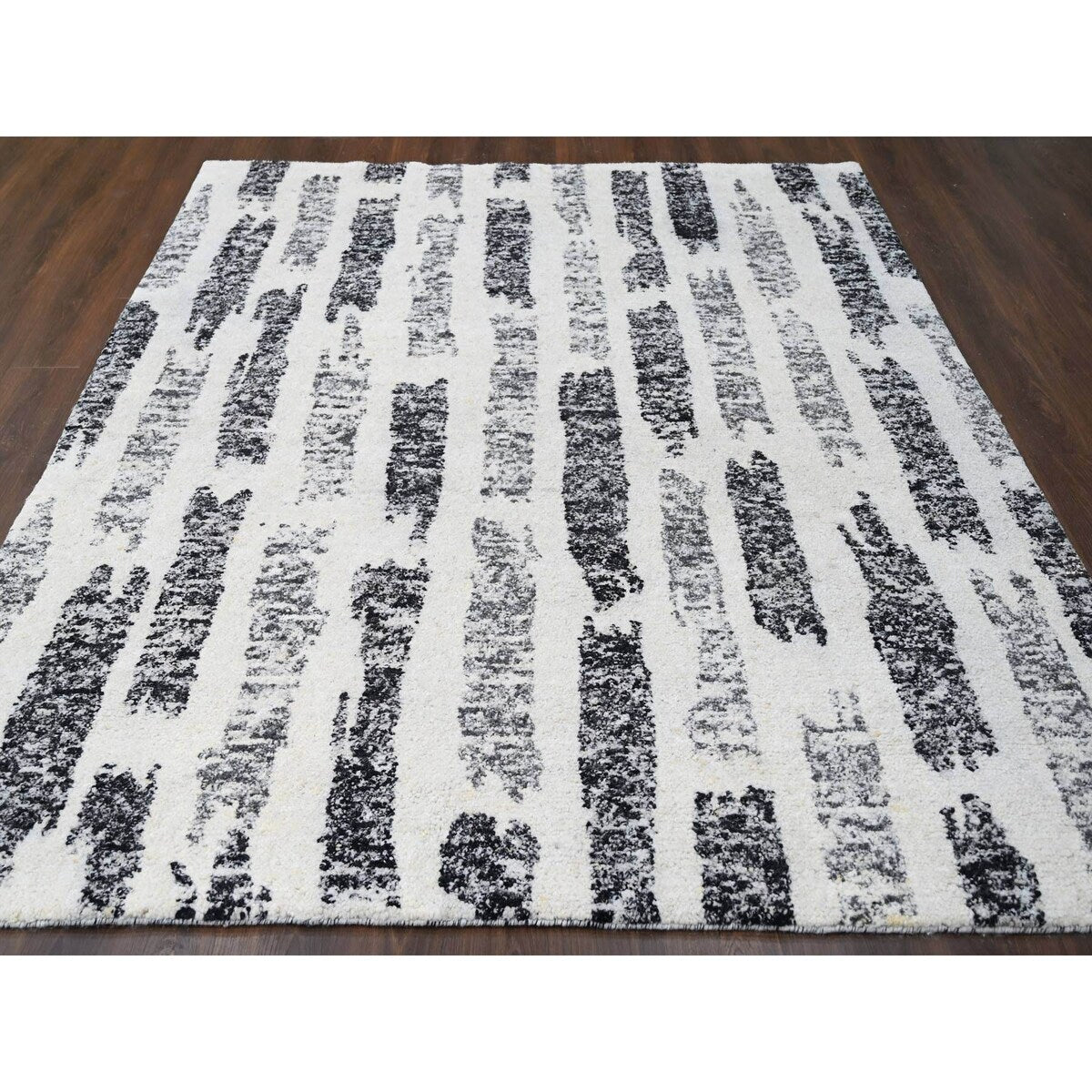 Shahbanu Rugs Black and Ivory, Modern Erased Column Design, Thick and Plush, Undyed Wool, Hand Knotted, Oriental Rug (8'1"x9'9")