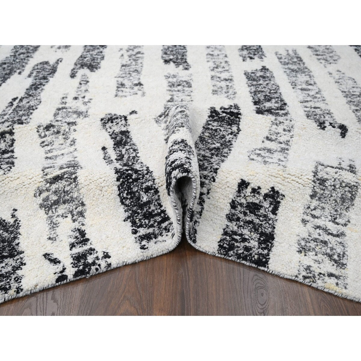 Shahbanu Rugs Black and Ivory, Modern Erased Column Design, Thick and Plush, Undyed Wool, Hand Knotted, Oriental Rug (8'1"x9'9")