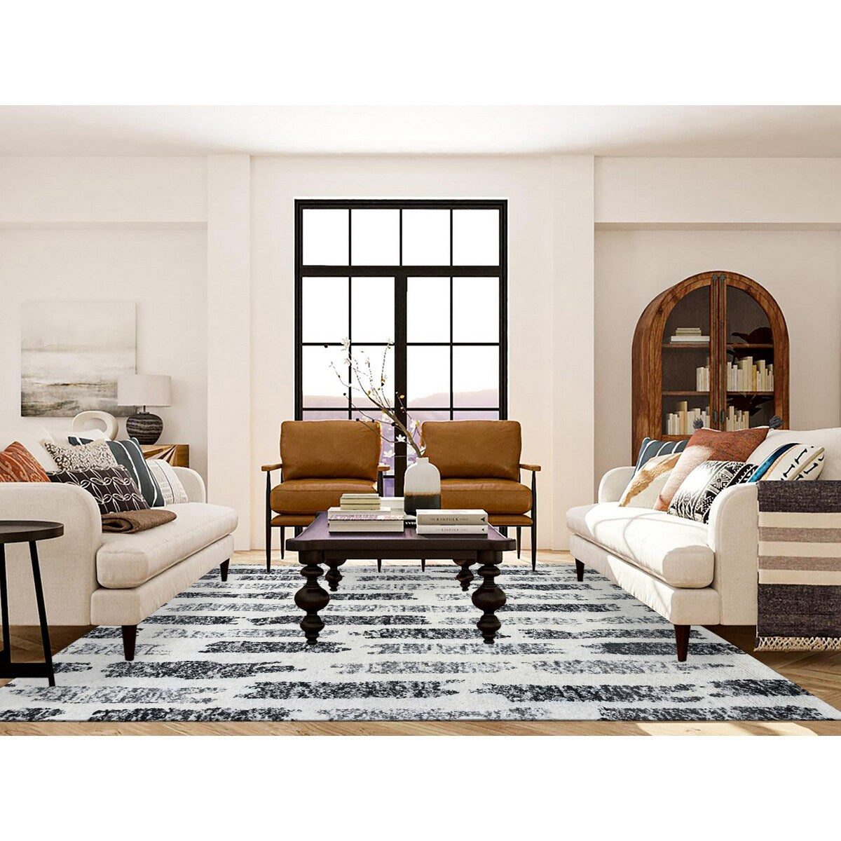 Shahbanu Rugs Black and Ivory, Modern Erased Column Design, Thick and Plush, Undyed Wool, Hand Knotted, Oriental Rug (8'1"x9'9")