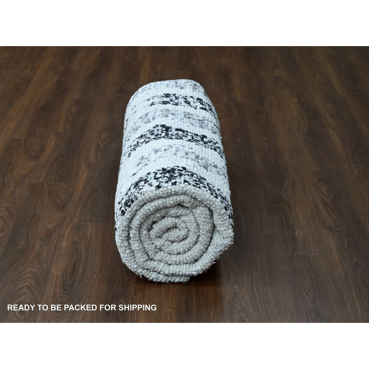 Shahbanu Rugs Black and Ivory, Modern Erased Column Design, Thick and Plush, Undyed Wool, Hand Knotted, Oriental Rug (8'1"x9'9")