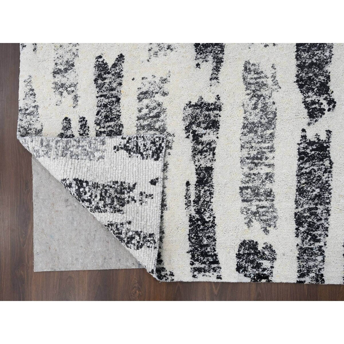 Shahbanu Rugs Black and Ivory, Modern Erased Column Design, Thick and Plush, Undyed Wool, Hand Knotted, Oriental Rug (8'1"x9'9")