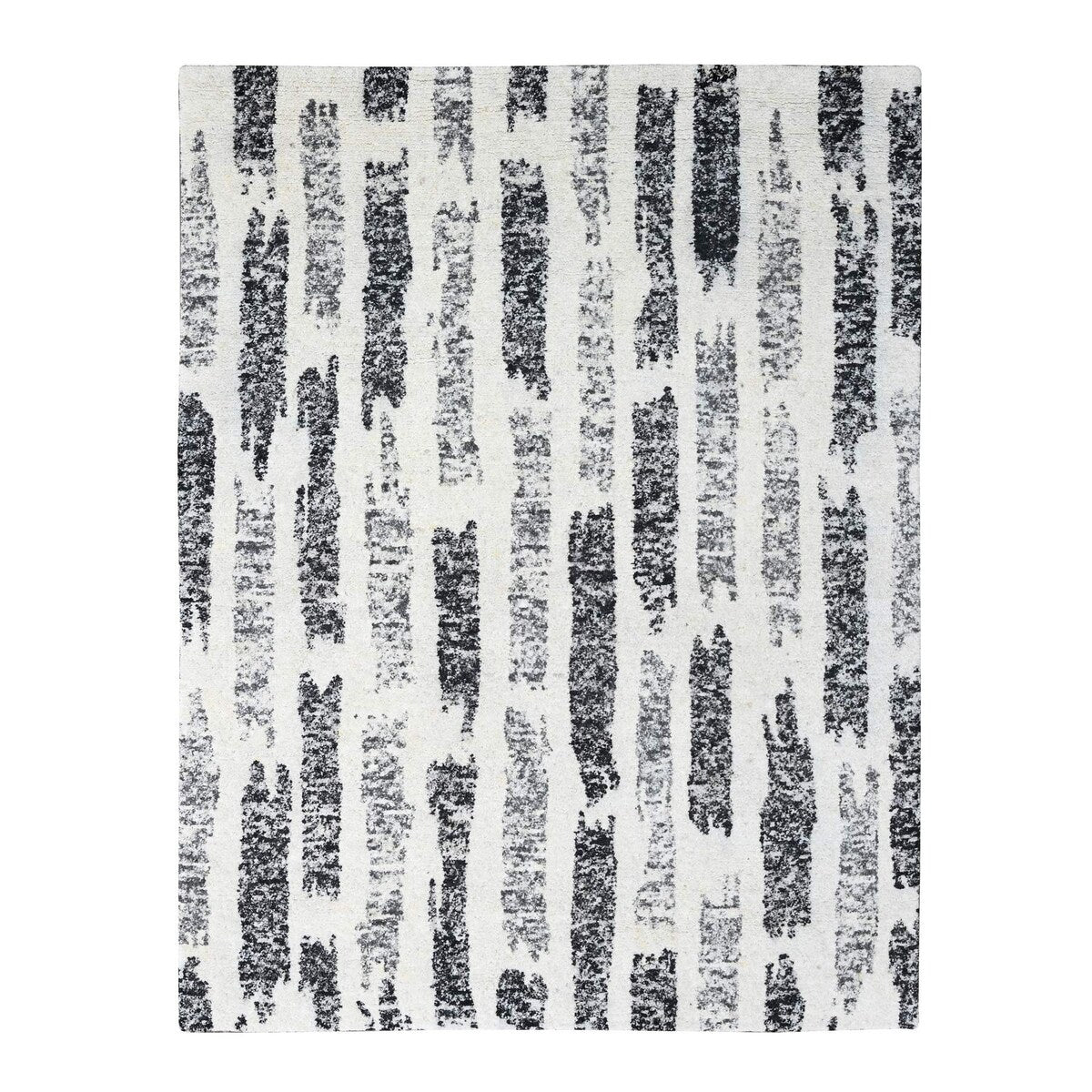 Shahbanu Rugs Black and Ivory, Modern Erased Column Design, Thick and Plush, Undyed Wool, Hand Knotted, Oriental Rug (8'1"x9'9")