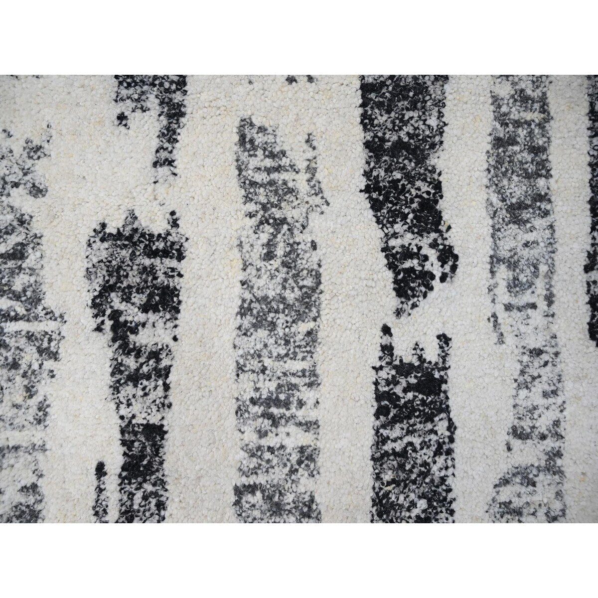 Shahbanu Rugs Black and Ivory, Modern Erased Column Design, Thick and Plush, Undyed Wool, Hand Knotted, Oriental Rug (8'1"x9'9")