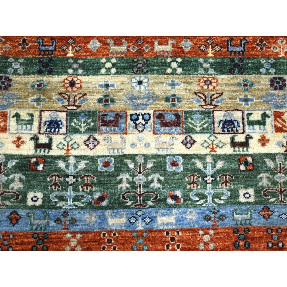 Shahbanu Rugs Blue Gabbeh Kashkuli Pictorial Pure Wool Hand-Knotted Oriental Rug (5'0" x 6'2") - 5'0" x 6'2"