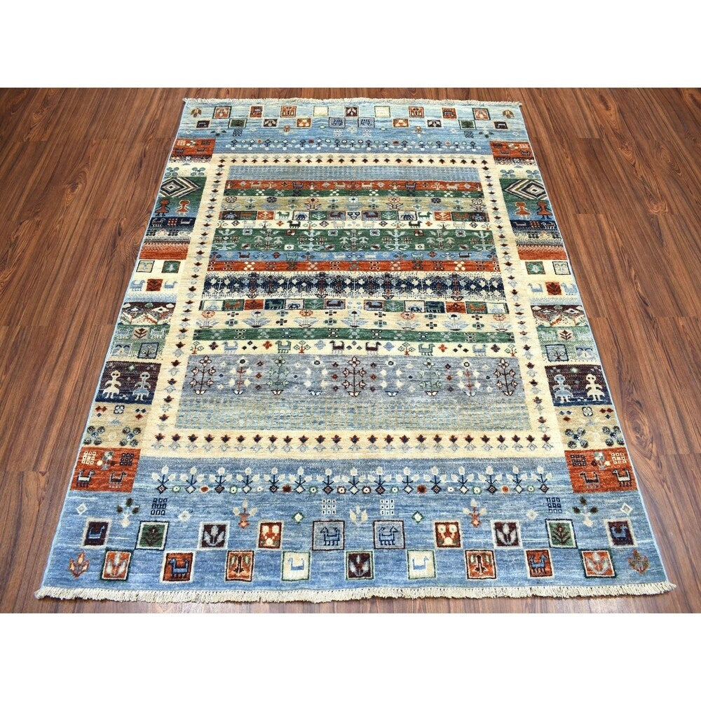 Shahbanu Rugs Blue Gabbeh Kashkuli Pictorial Pure Wool Hand-Knotted Oriental Rug (5'0" x 6'2") - 5'0" x 6'2"