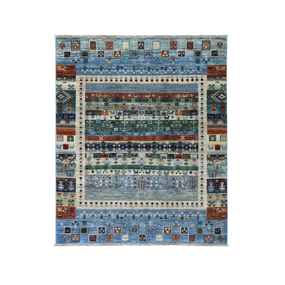 Shahbanu Rugs Blue Gabbeh Kashkuli Pictorial Pure Wool Hand-Knotted Oriental Rug (5'0" x 6'2") - 5'0" x 6'2"