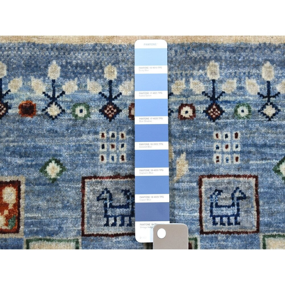 Shahbanu Rugs Blue Gabbeh Kashkuli Pictorial Pure Wool Hand-Knotted Oriental Rug (5'0" x 6'2") - 5'0" x 6'2"