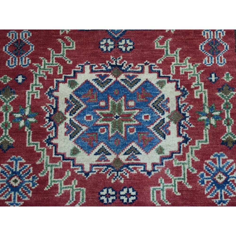 Shahbanu Rugs Blue Geometric Design Kazak Pure Wool Hand-Knotted Oriental Rug (3'3" x 4'5") - 3'3" x 4'5"