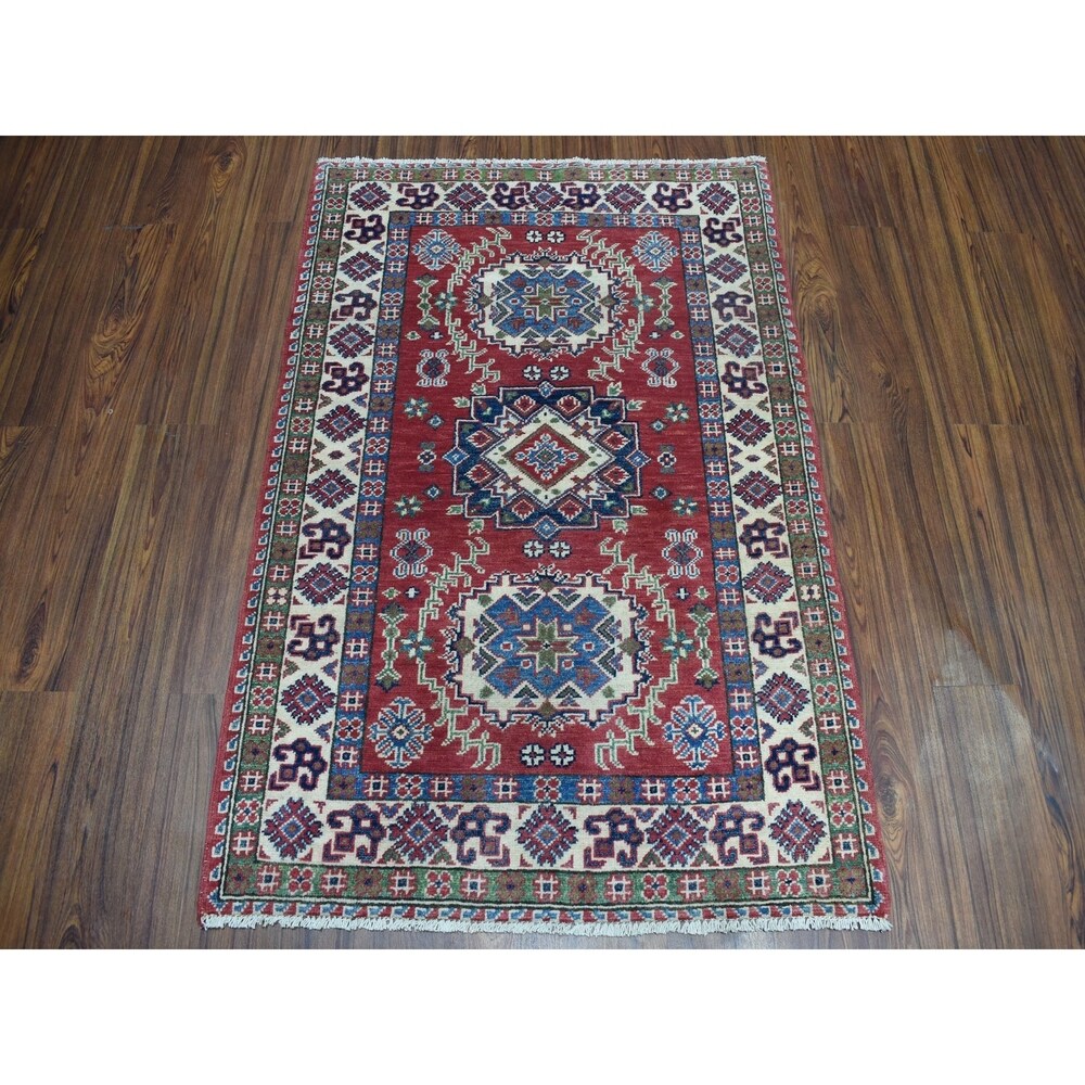 Shahbanu Rugs Blue Geometric Design Kazak Pure Wool Hand-Knotted Oriental Rug (3'3" x 4'5") - 3'3" x 4'5"