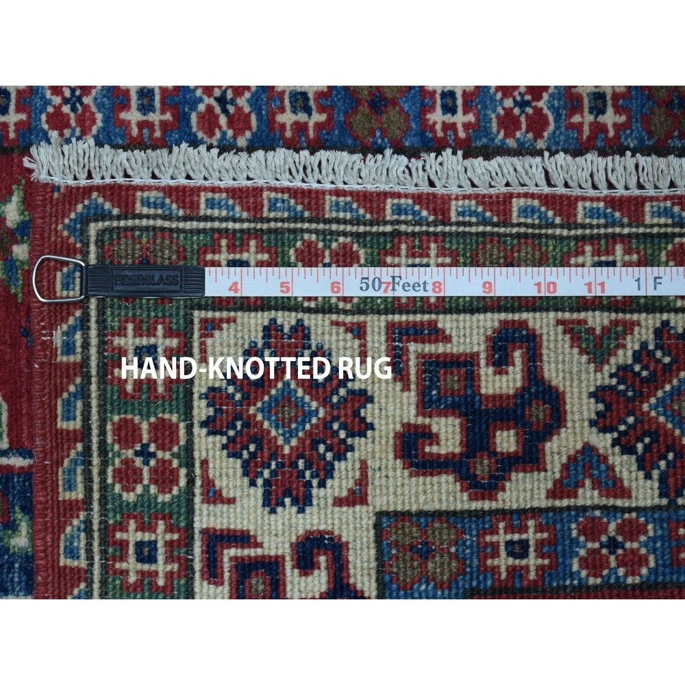 Shahbanu Rugs Blue Geometric Design Kazak Pure Wool Hand-Knotted Oriental Rug (3'3" x 4'5") - 3'3" x 4'5"