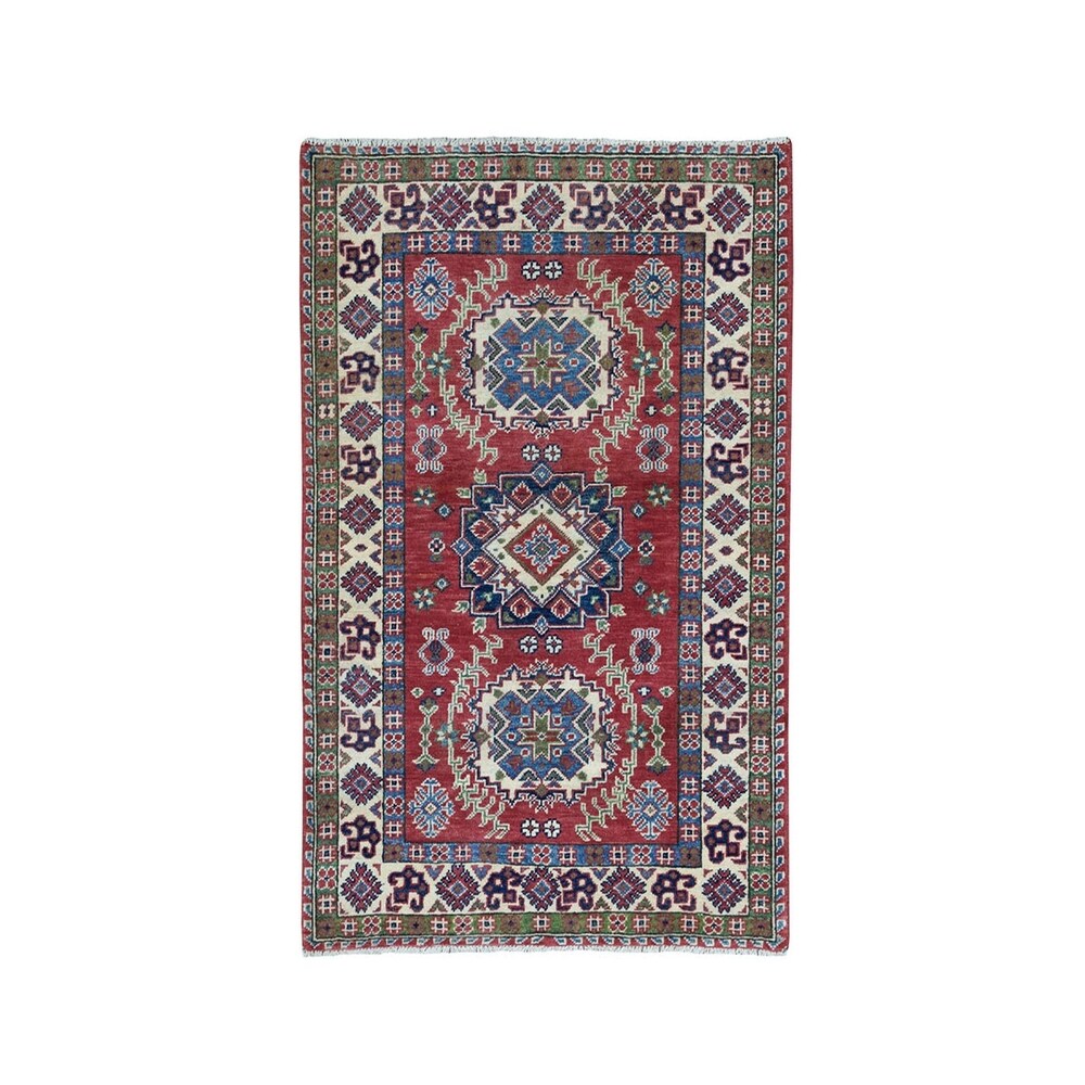 Shahbanu Rugs Blue Geometric Design Kazak Pure Wool Hand-Knotted Oriental Rug (3'3" x 4'5") - 3'3" x 4'5"